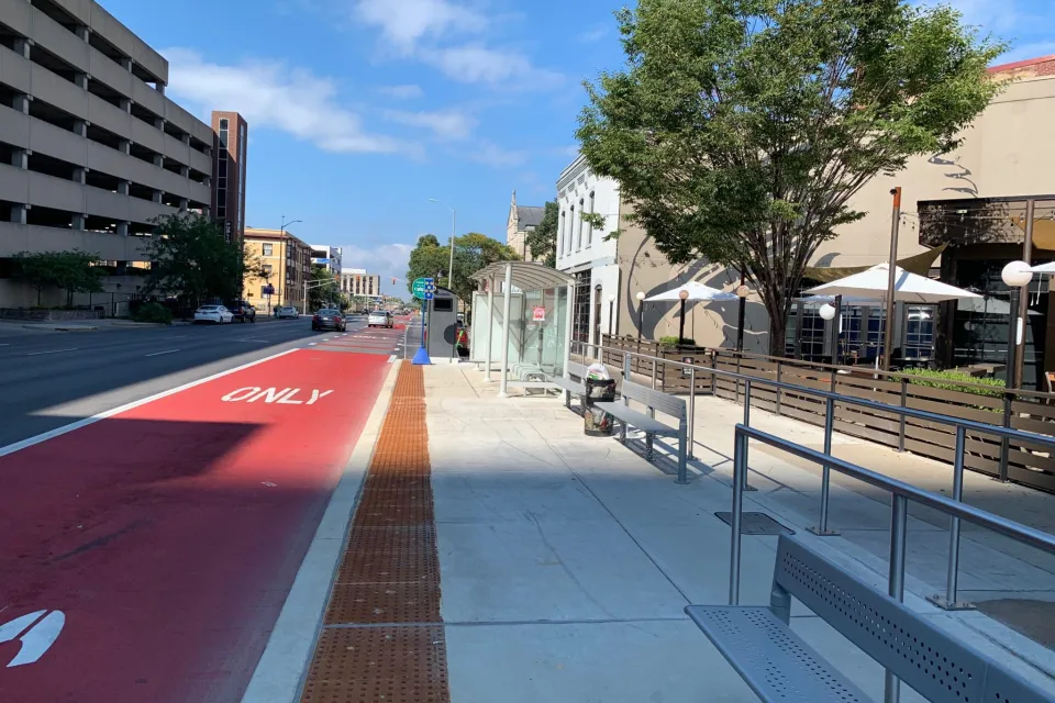 Red painted dedicated bus lane in Indianapolis, Indiana